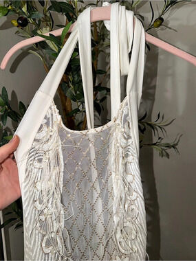 sky apparel Embellished Fringe Jumpsuit in White NWT